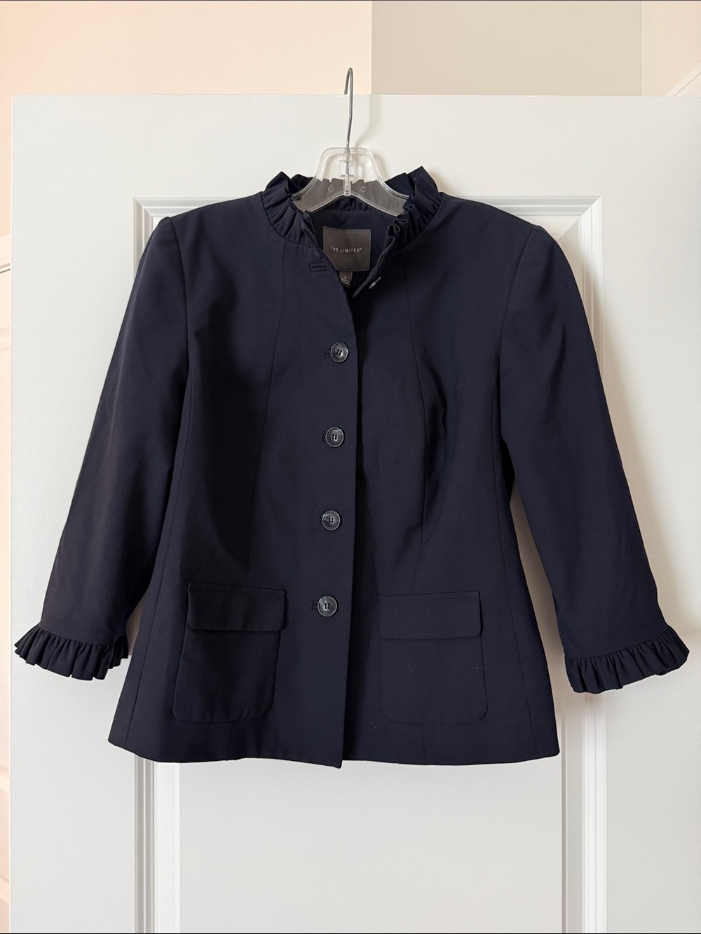 The Limited Navy Ruffle-Collar Button Blazer